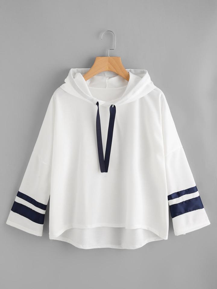Romwe Varsity Striped Dip Hem Hoodie