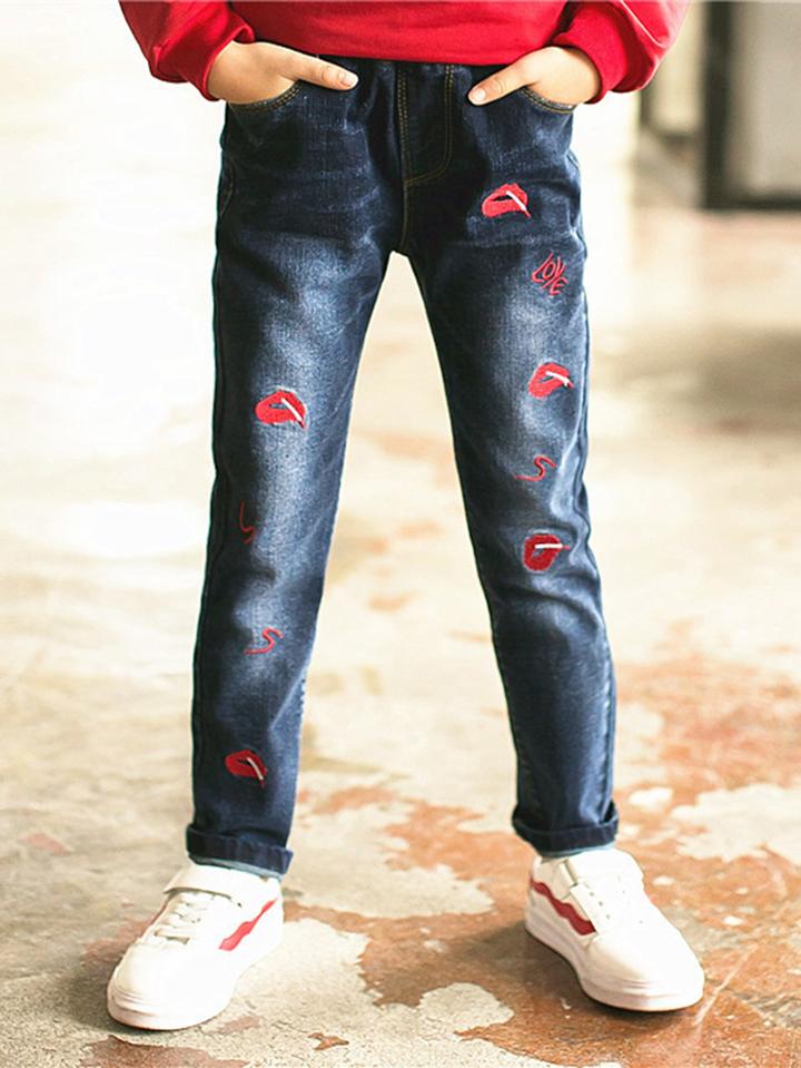 Romwe Hot Lips Embroidery Jeans