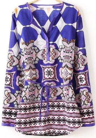 Romwe Purple V Neck Long Sleeve Floral Blouse