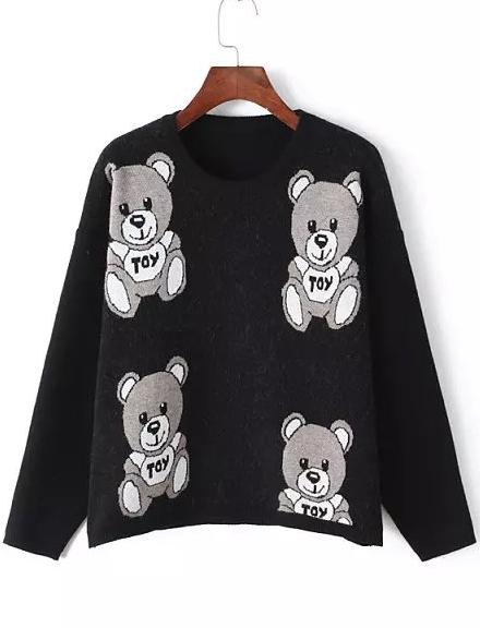 Romwe Women Long Sleeve Bear Print Black Knitwear