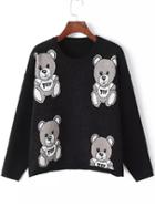 Romwe Women Long Sleeve Bear Print Black Knitwear
