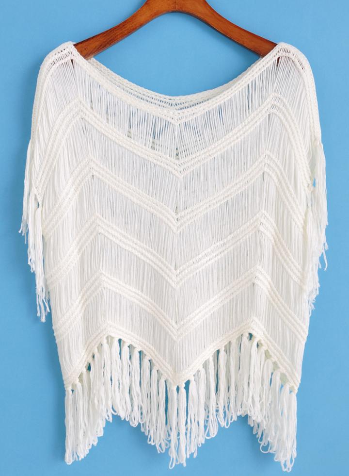 Romwe With Tassel Crochet White Top