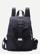 Romwe Black Buckled Strap Zip Front Quilted Nylon Backpack