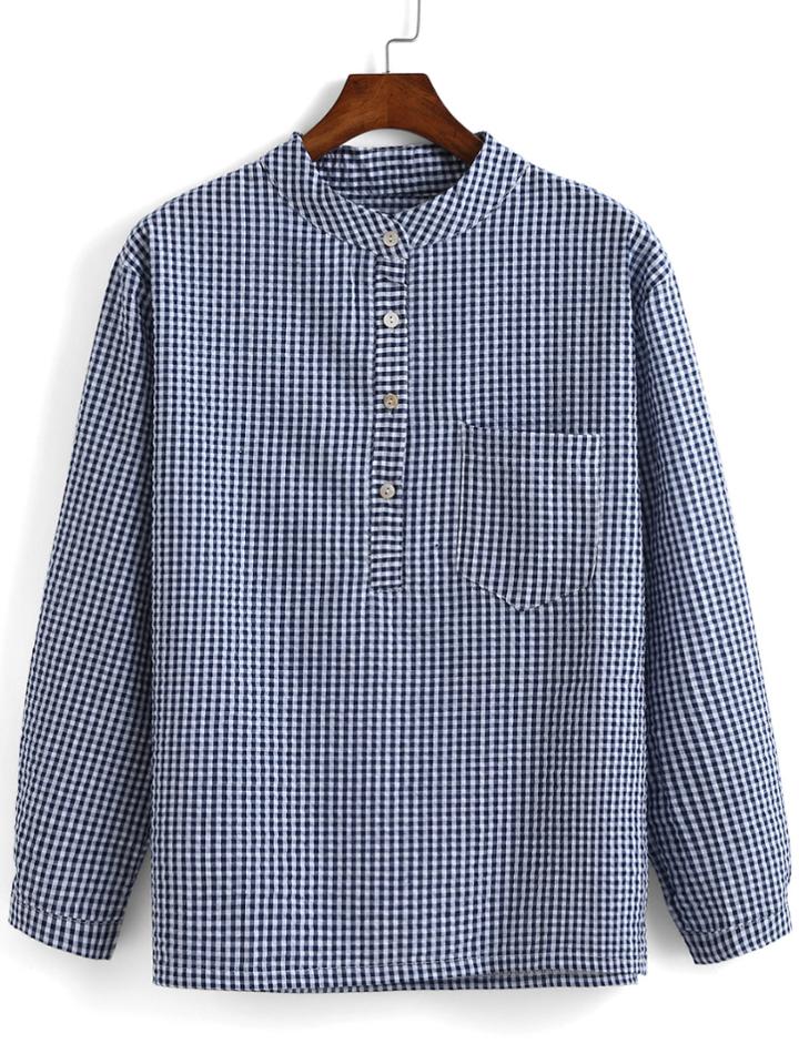 Romwe With Pocket Gingham Blue Blouse