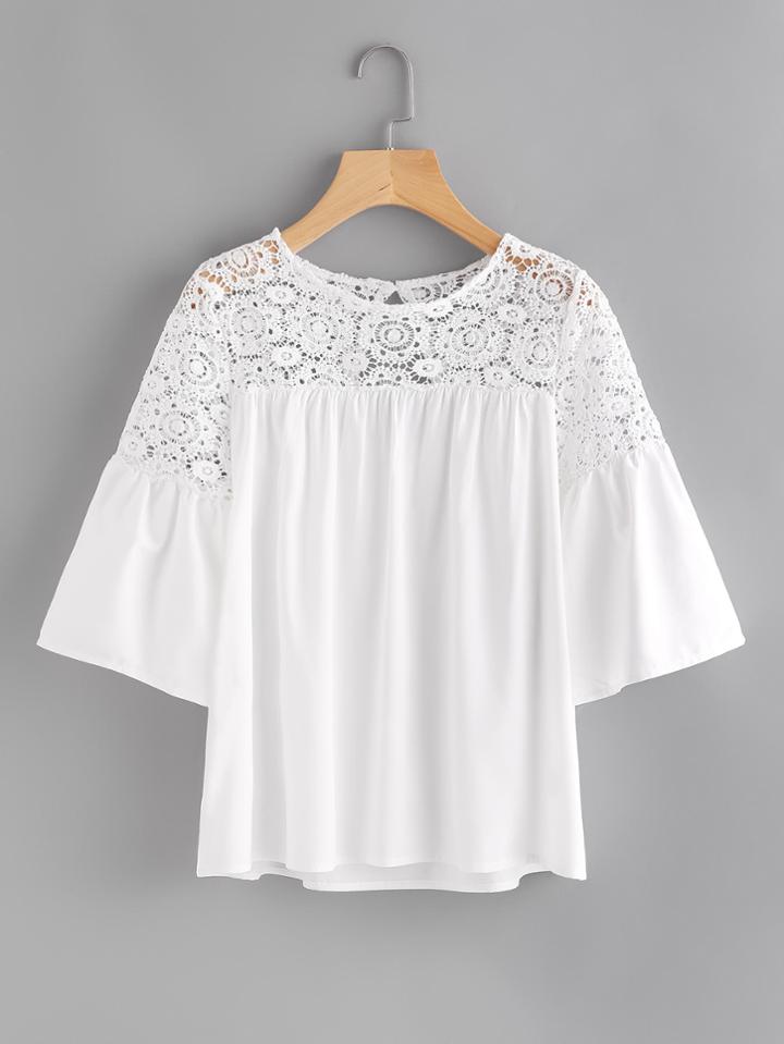 Romwe Hollow Out Crochet Panel Keyhole Back Blouse