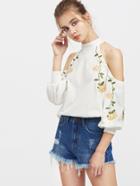 Romwe Buttoned Keyhole Open Shoulder Shirred Cuff Embroidered Top