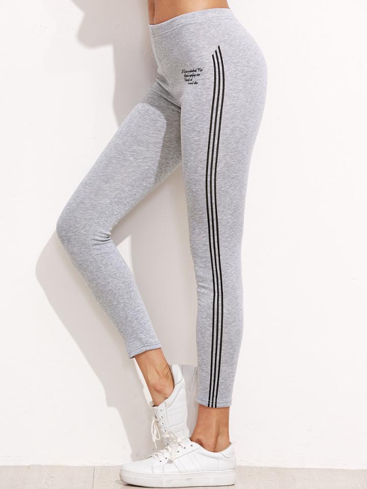 Romwe Light Grey Letter Print Striped Side Leggings