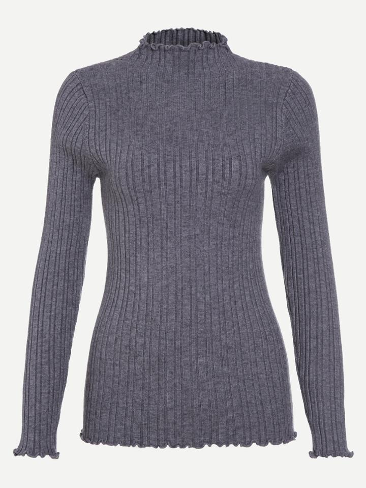 Romwe Grey Turtleneck Ruffle Trim Ribbed Knit Tight Sweater