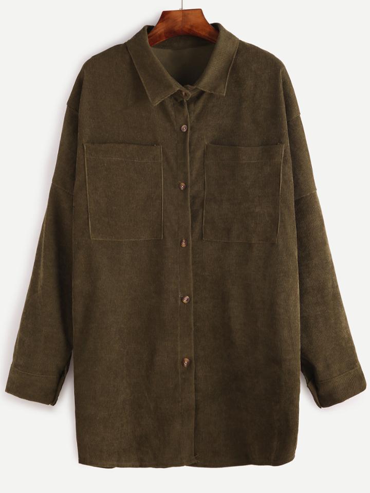 Romwe Dropped Shoulder Seam Corduroy Pockets Long Shirt