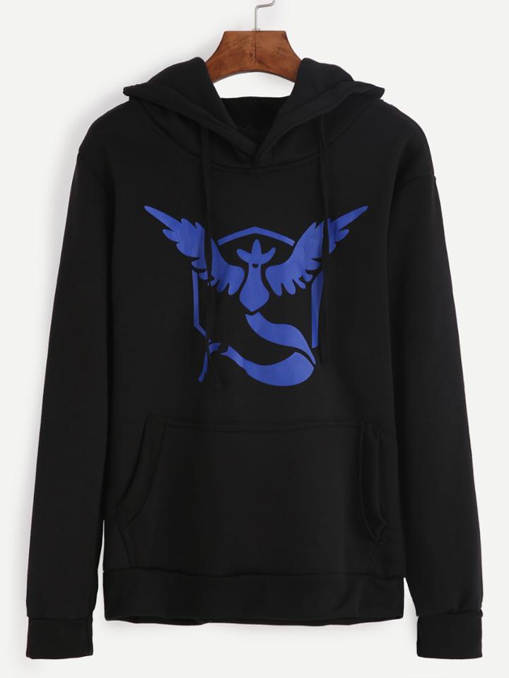 Romwe Black Print Hooded Sweatshirt