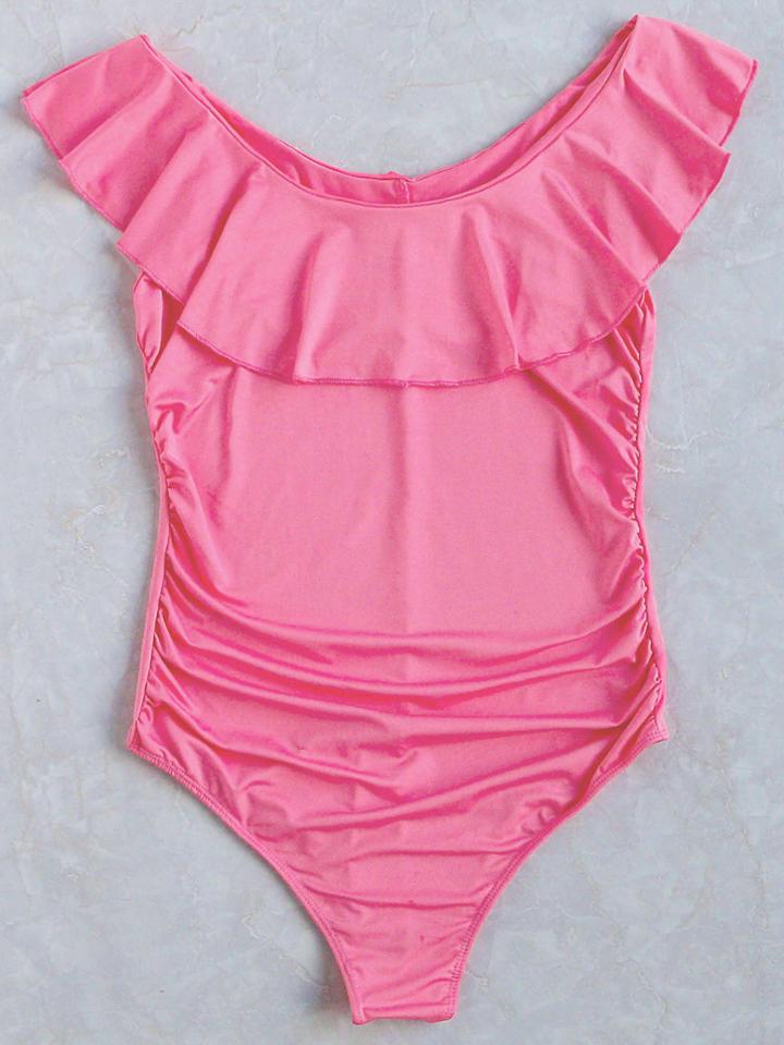 Romwe Pink Ruffle Detail One-piece Swimwear