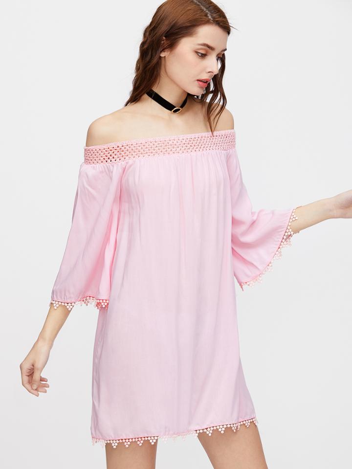 Romwe Pink Off The Shoulder Contrast Crochet Dress