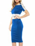 Romwe Contrast Lace Slit Pencil Blue Dress