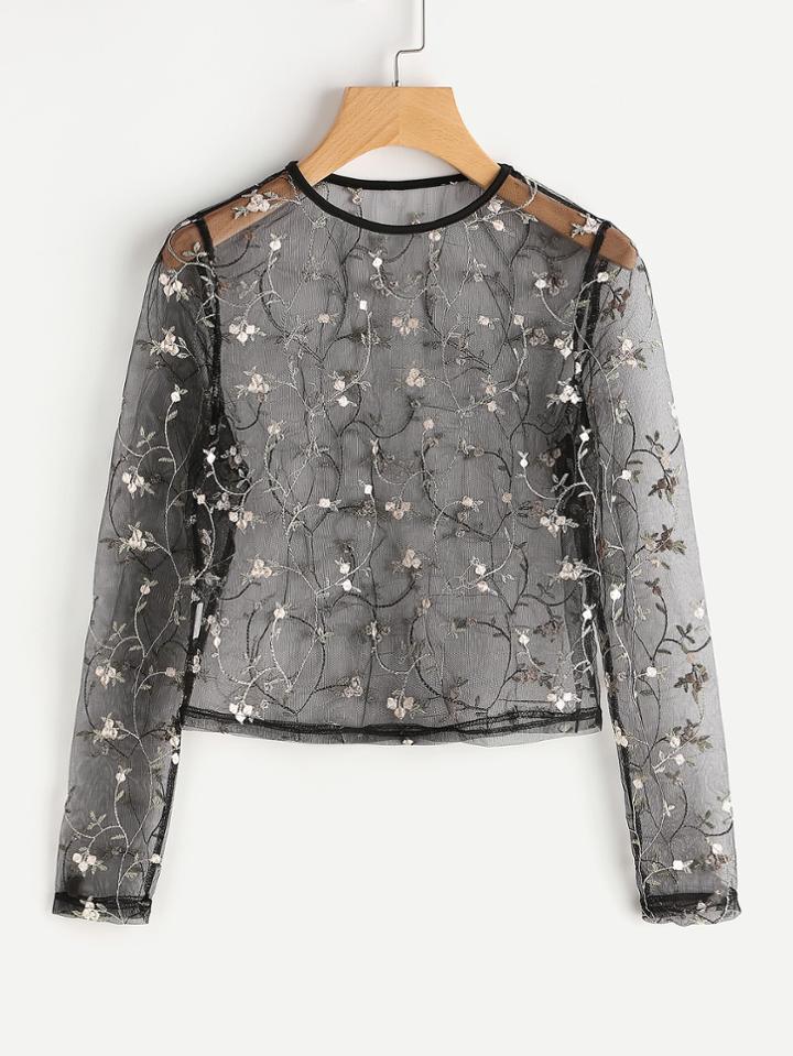 Romwe Floral Embroidered Sheer Mesh Top