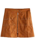 Romwe Khaki Metal Eyelet Suede A-line Skirt With Zip Detail