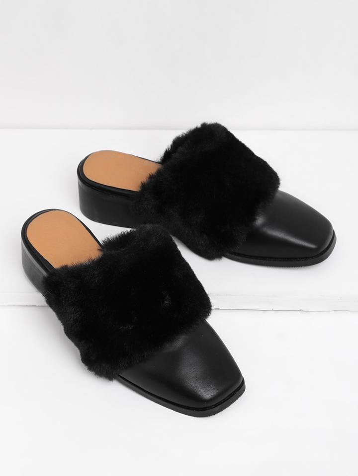Romwe Faux Fur Decorated Square Toe Pu Shoes