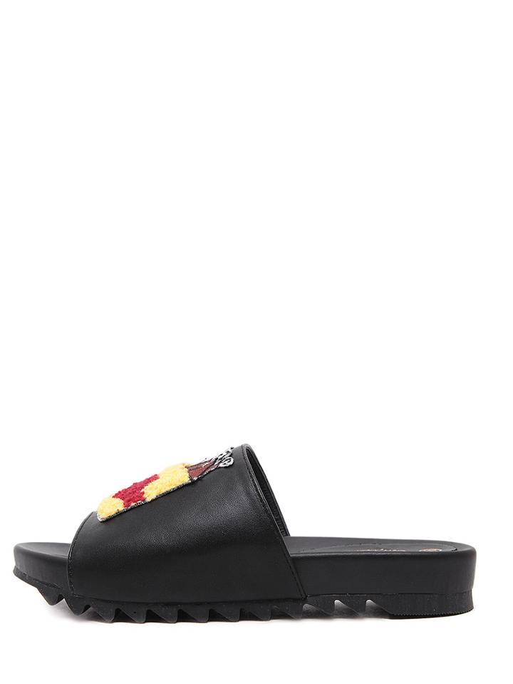 Romwe Black Casual Peep Toe Embroidered Slippers