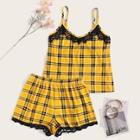 Romwe Eyelash Lace Plaid Cami With Shorts Pj Set