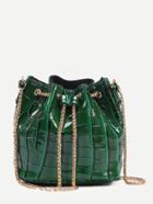 Romwe Green Crocodile Embossed Faux Patent Leather Chain Bucket Bag