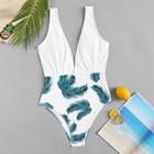 Romwe Random Leaf Print Ruched Plunge One Piece Swimsuit