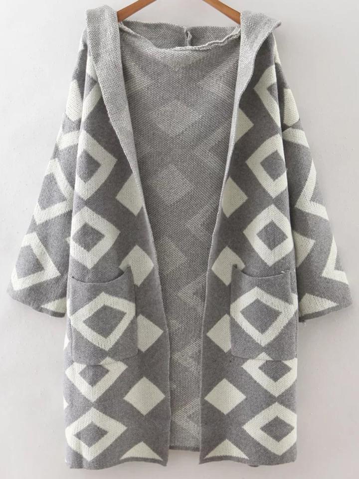 Romwe Grey Diamond Pattern Hooded Cardigan With Pockets