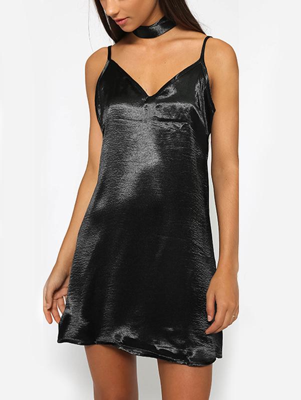 Romwe Black Spaghetti Strap Dress With Neck Tie