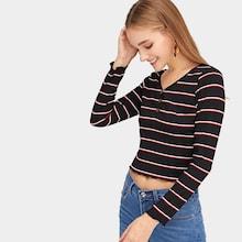 Romwe V-neck Striped Henley Tee