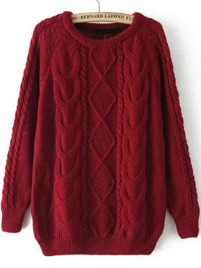 Romwe Cable Knit Loose Wine Red Sweater