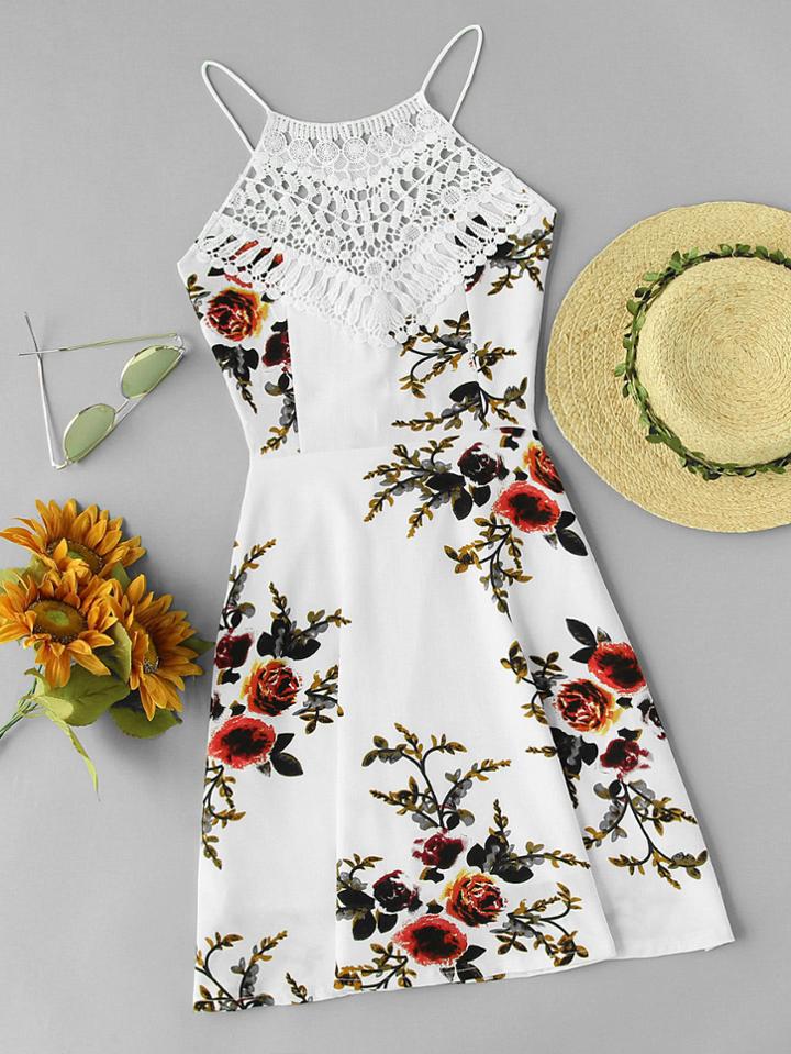 Romwe Lace Up Open Back Crochet Panel Cami Dress
