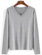 Romwe V Neck Long Sleeve Grey T-shirt