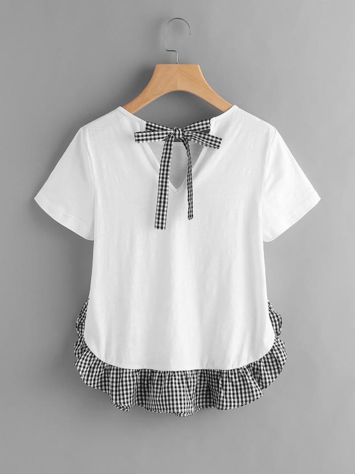 Romwe Checkered Bow Back And Ruffle Trim Slub T-shirt