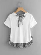 Romwe Checkered Bow Back And Ruffle Trim Slub T-shirt
