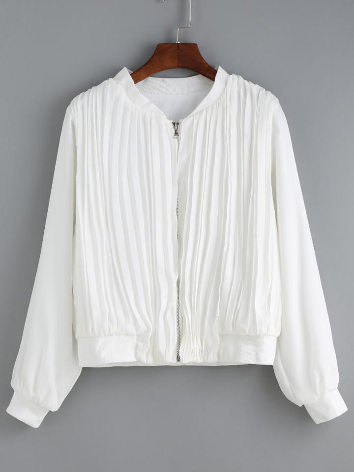 Romwe Long Sleeve Zipper Pleated White Sweatshirt