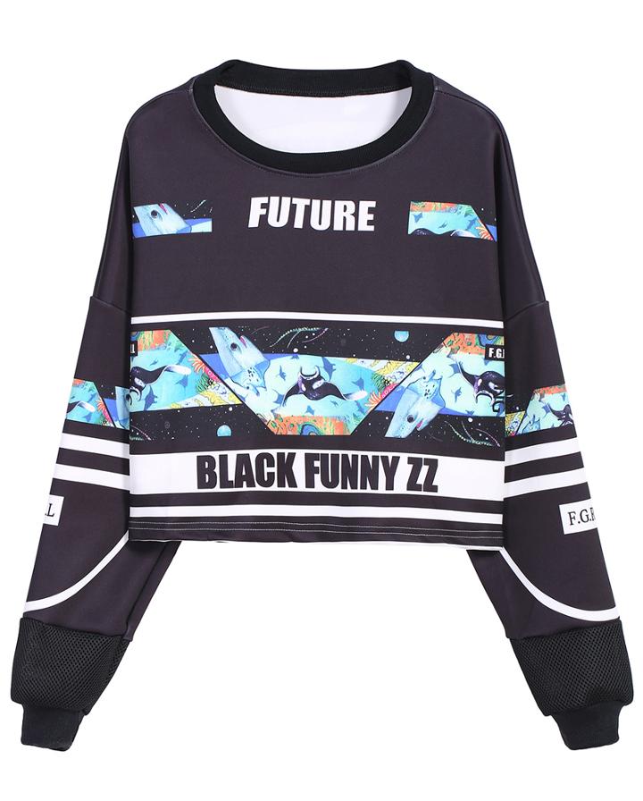 Romwe Marine Animals Print Crop Sweatshirt