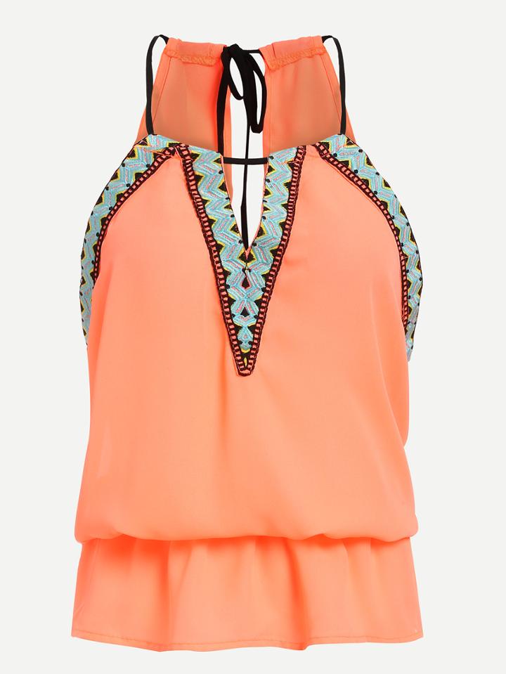 Romwe Embroidered Drawstring Neck Peplum Top - Orange