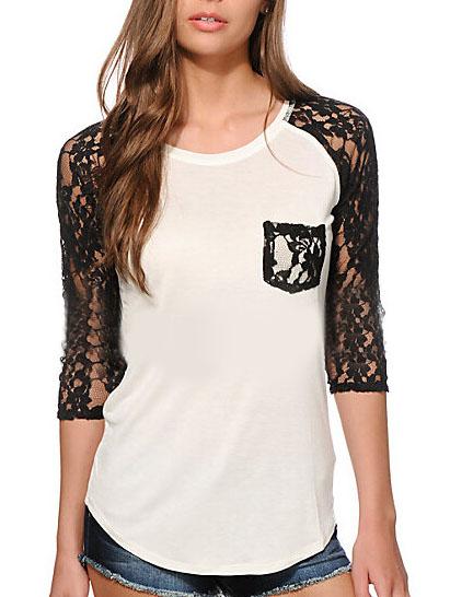 Romwe Contrast Lace Pocket Black T-shirt