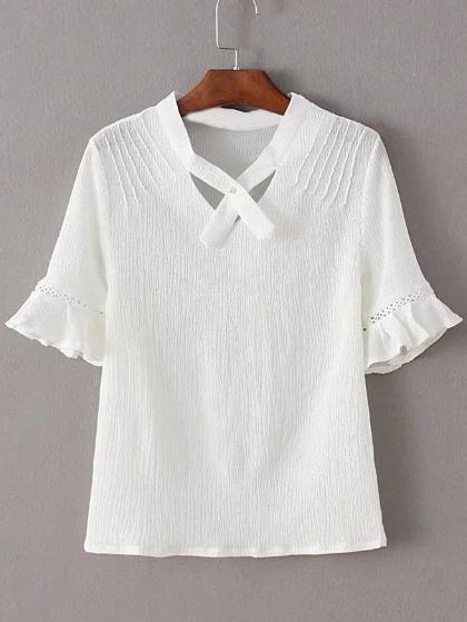 Romwe White V Neck Ruffle Cuff Short Sleeve Blouse