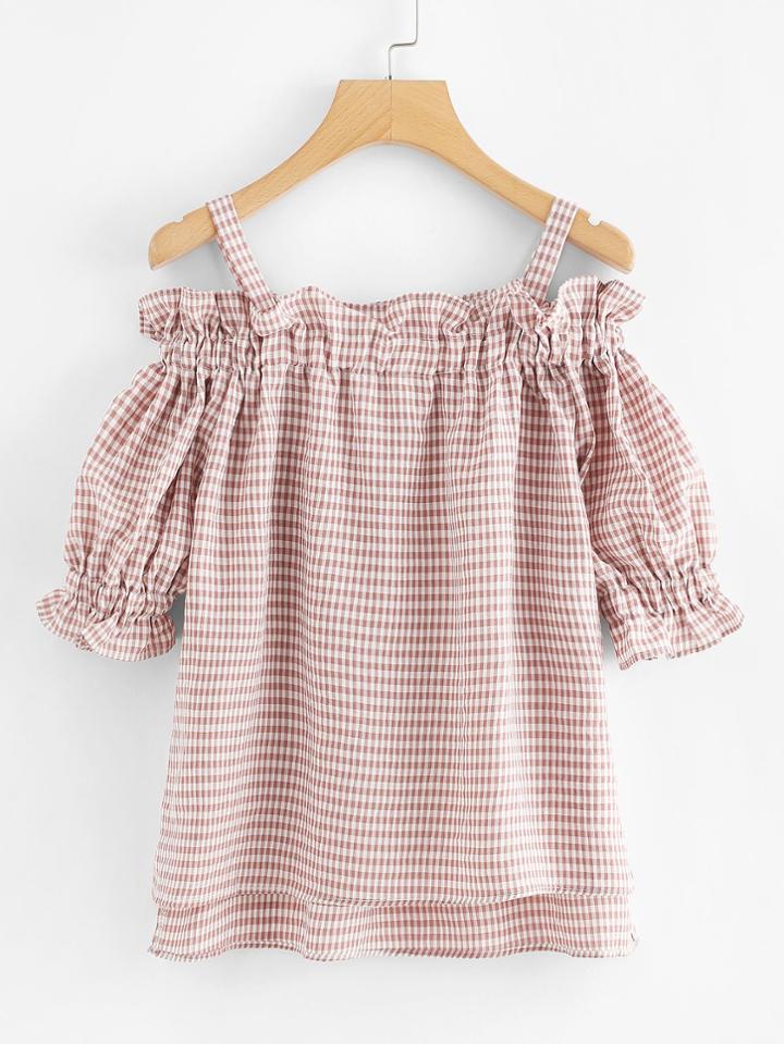 Romwe Open Shoulder Frill Trim Checked Blouse
