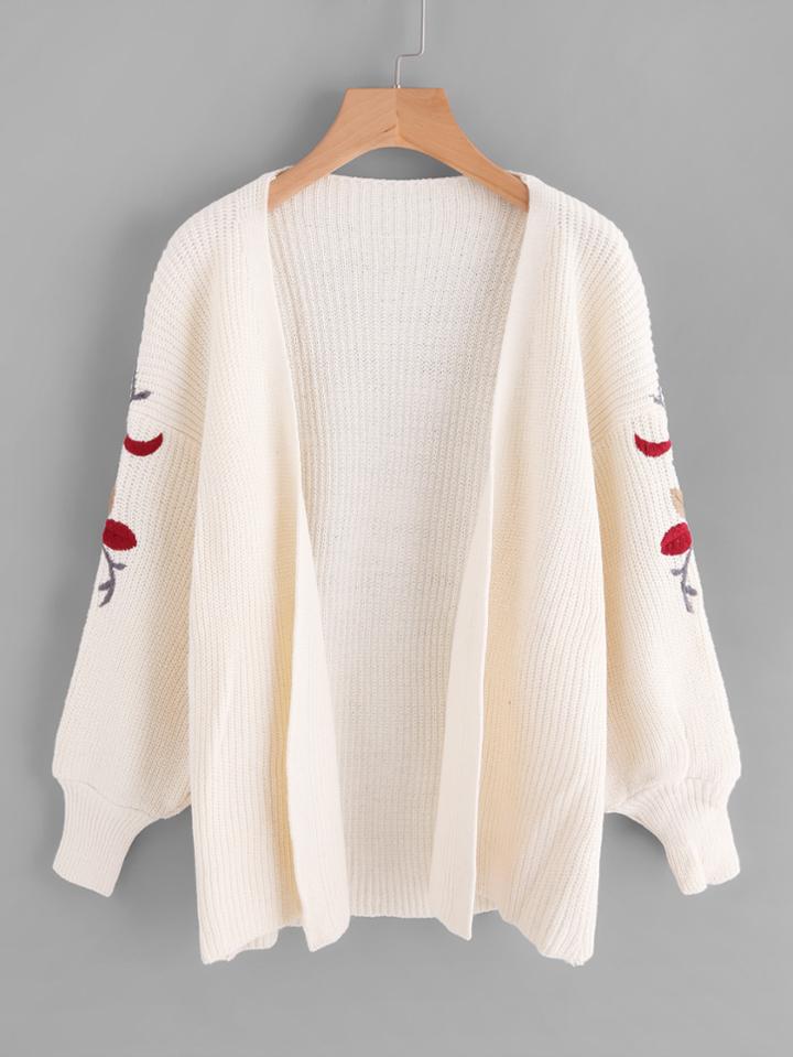 Romwe Lantern Sleeve Floral Embroidered Longline Cardigan Sweater