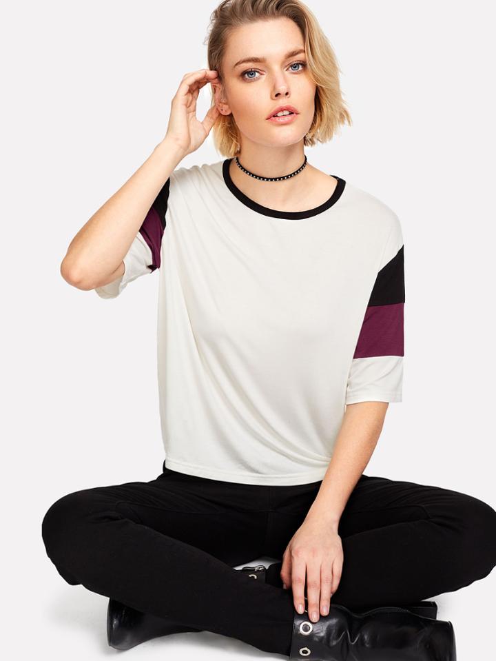 Romwe Colorblock Sleeve Contrast Binding Tee
