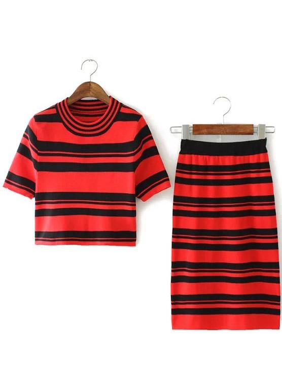 Romwe Short Sleeve Top With Striped Red Skirt