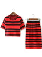 Romwe Short Sleeve Top With Striped Red Skirt