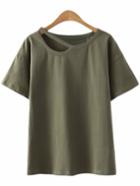Romwe Army Green Short Sleeve Cut Out Casual T-shirt