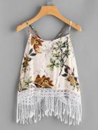 Romwe Palm Leaf Lace Tassel Hem Cami Top