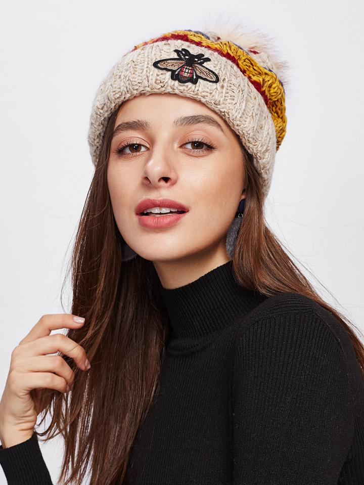 Romwe Insect Patch Pom Pom Beanie