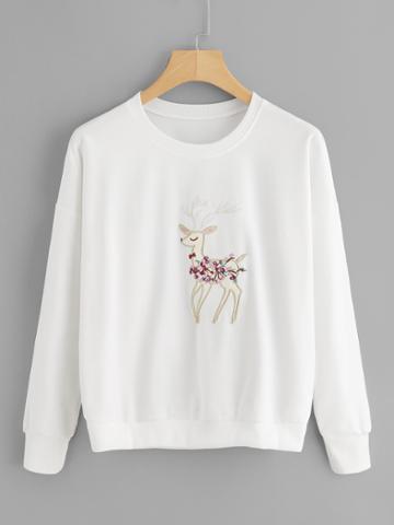 Romwe Sika Deer Embroidered Sweatshirt