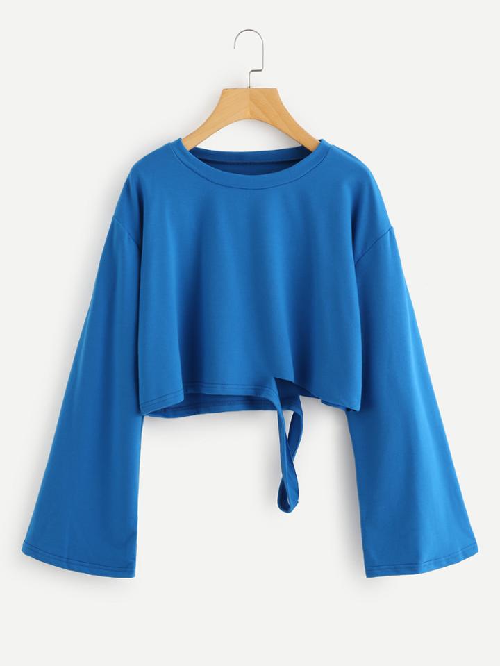 Romwe Drop Shoulder Bell Sleeve Ripped Hem Crop Tee