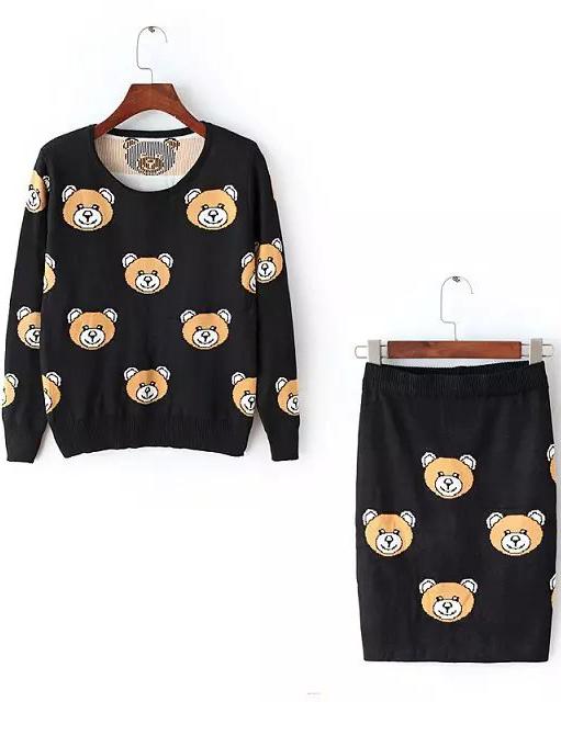 Romwe Bear Print Top With Sheath Knit Black Skirt