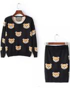 Romwe Bear Print Top With Sheath Knit Black Skirt
