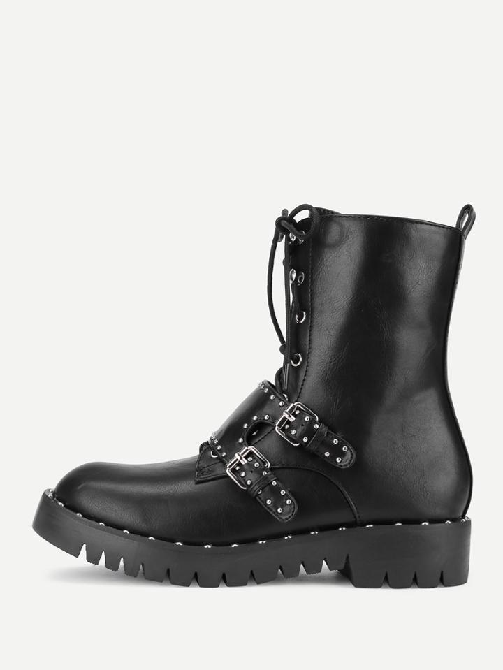 Romwe Lace Up Studded Detail Ankle Boots